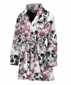 Pink Flowers Skull Pattern Print Women's Bathrobe