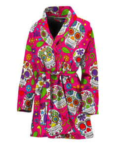 Pink Sugar Skull Pattern Print Women's Bathrobe