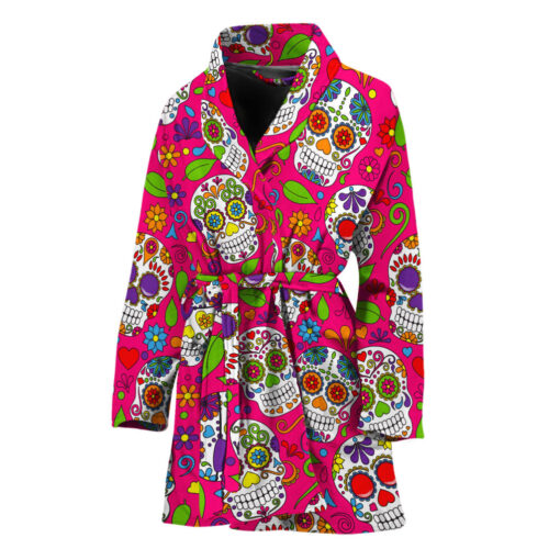 Pink Sugar Skull Pattern Print Women's Bathrobe