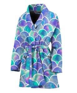 Sea Blue Mermaid Scales Pattern Print Women's Bathrobe