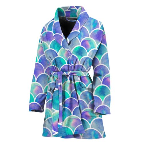 Sea Blue Mermaid Scales Pattern Print Women's Bathrobe
