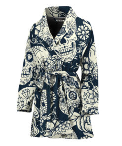 White Floral Sugar Skull Pattern Print Women's Bathrobe